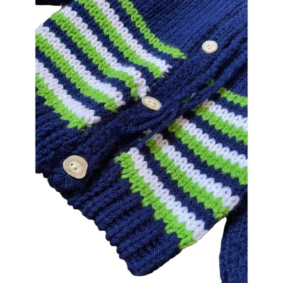 Vintage Kids Unisex Blue White Green Crochet Knit Hooded Cardigan Sweater 2T - Picture 3 of 4
